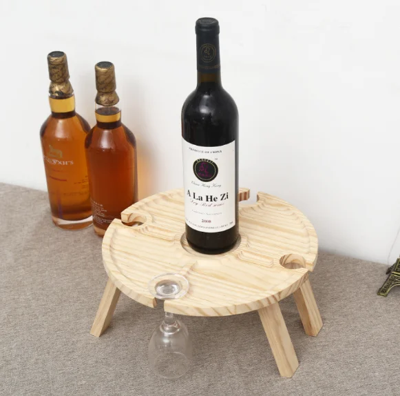 Hot sell Portable Wine Picnic Table with Bottle and Glass Holder Foldable Bamboo Table Wood Serving Tray
