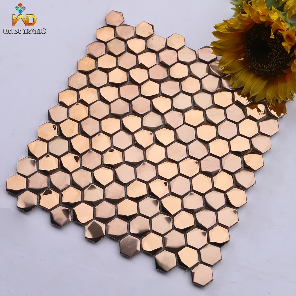 Pink hexagonal stainless steel mosaic tiles metal modern style decoration with rose gold hexagonal 3D metal mosaic tiles