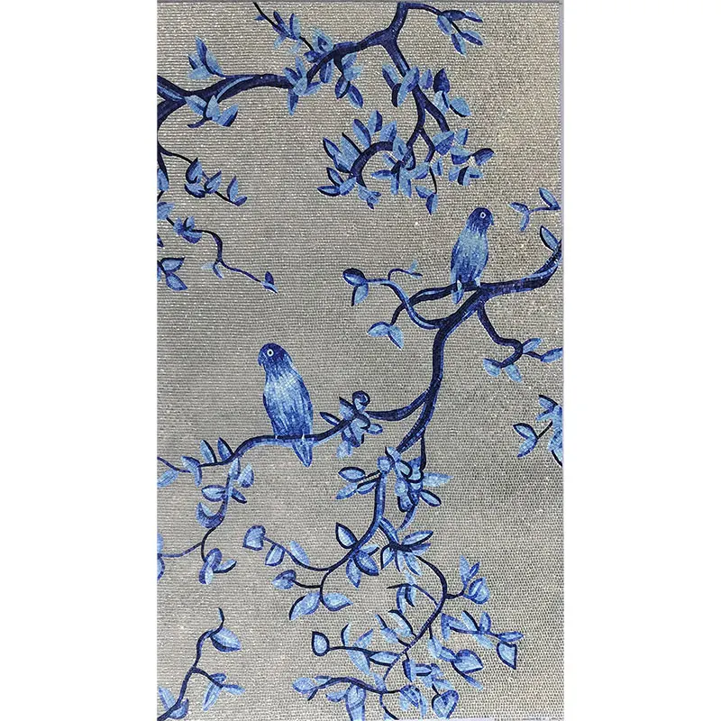 Elegant Hand Cutting Classic chinoiserie Blue Flower and Birds Pattern Art Glass Mural Mosaic Decorative Wall Tiles