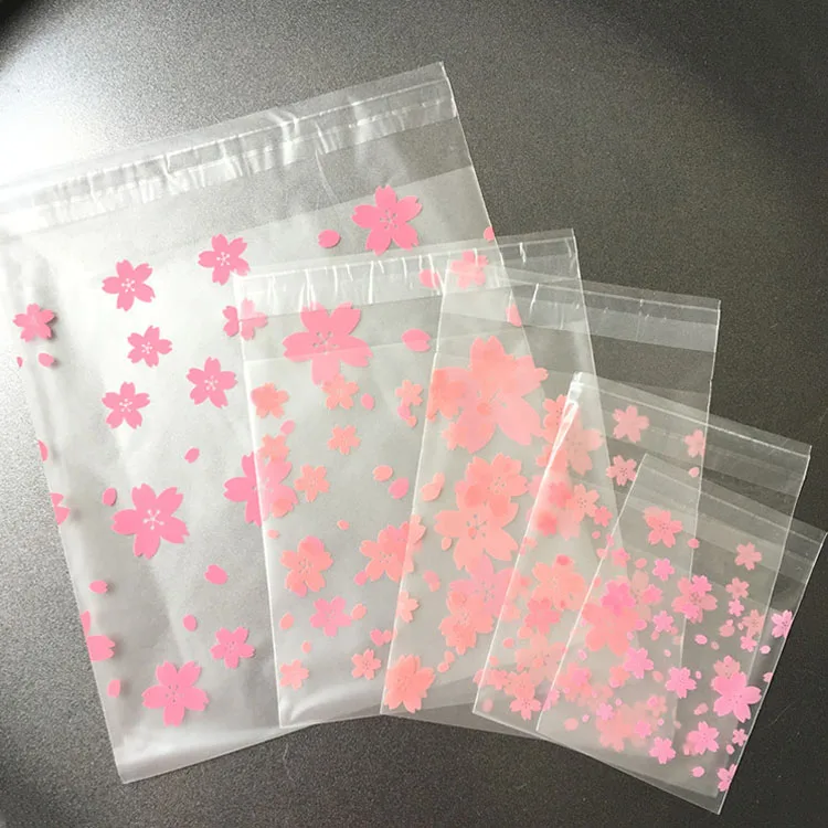 5 Sizes Pink Flower Plastic Self Adhesive Biscuit Cookie Wedding Party Favor Gift Packaging Bag