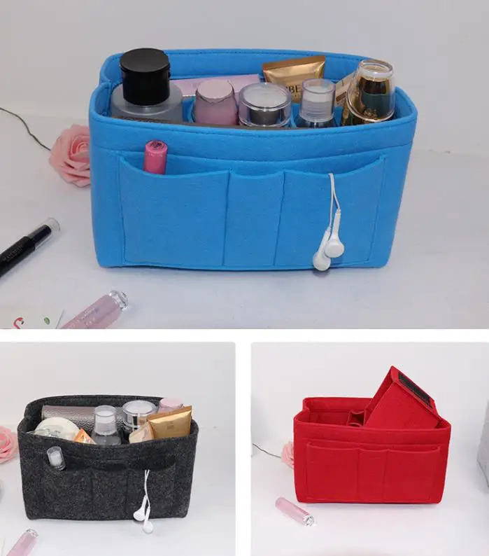 Custom felt makeup bags Women wool Felt Removable Handbag storage Organizer Insert Cosmetic Bag