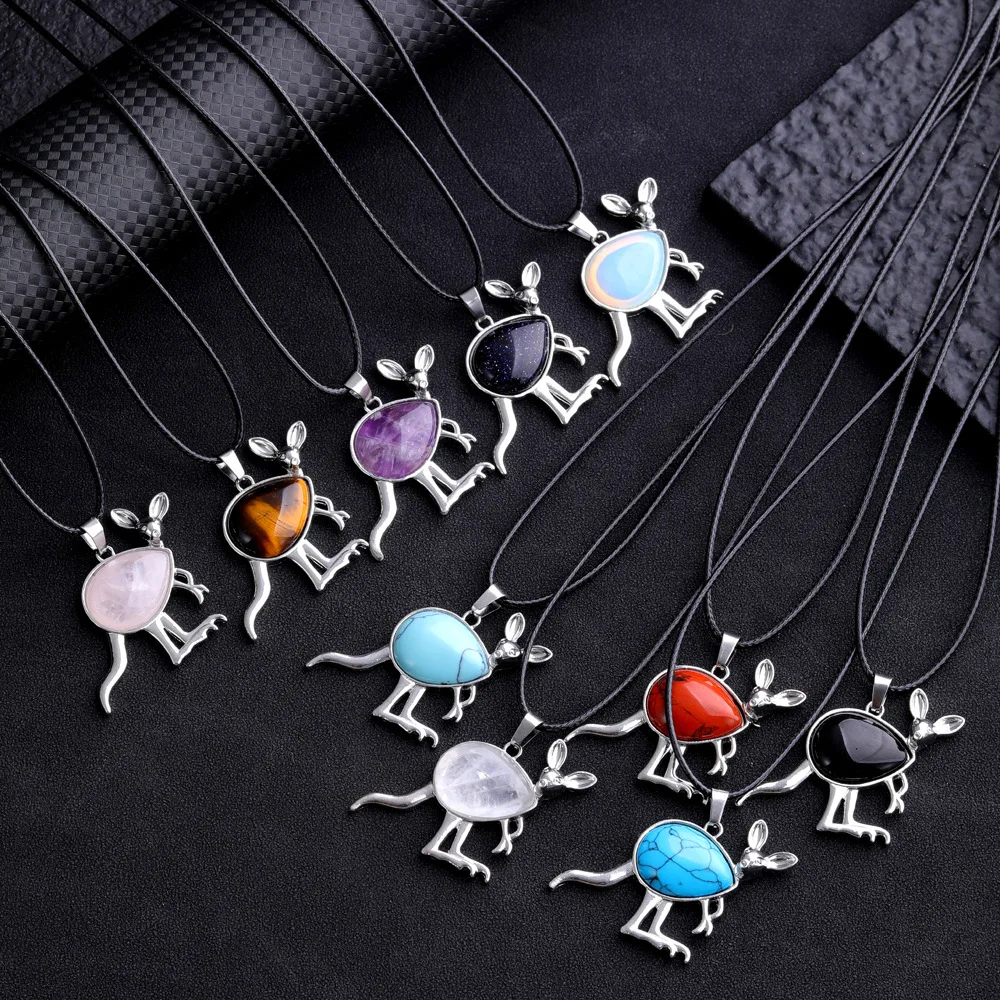 Fashion Jewelry Cute Animal Kangaroo Pendant Necklace for Women Girls Natural Stones
