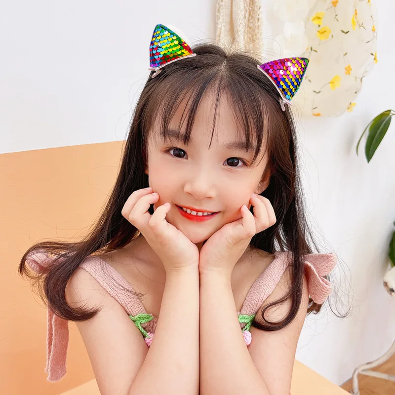 CN 2Pcs Cartoon Cat Ear Hairpins Toddler Girls Sequin Hair Clip Girls Princess Hair Accessories