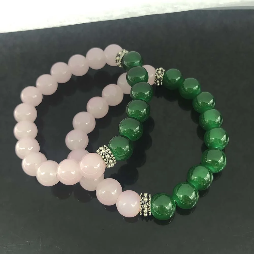 Handmade High Quality 2pcs Heavy Beads Greek Symbol Sorority Elastic Pink & Green Jade Bead Charms Bracelet Jewelry Set