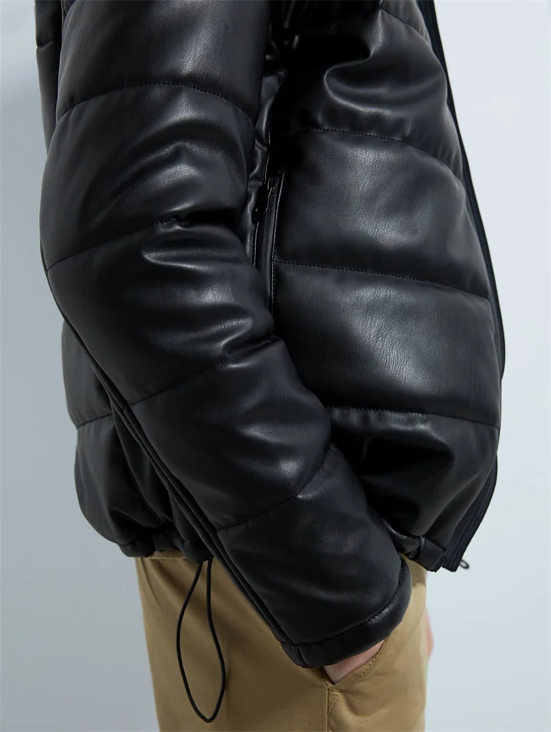 Winter black puffer down leather bubble jacket with hooded