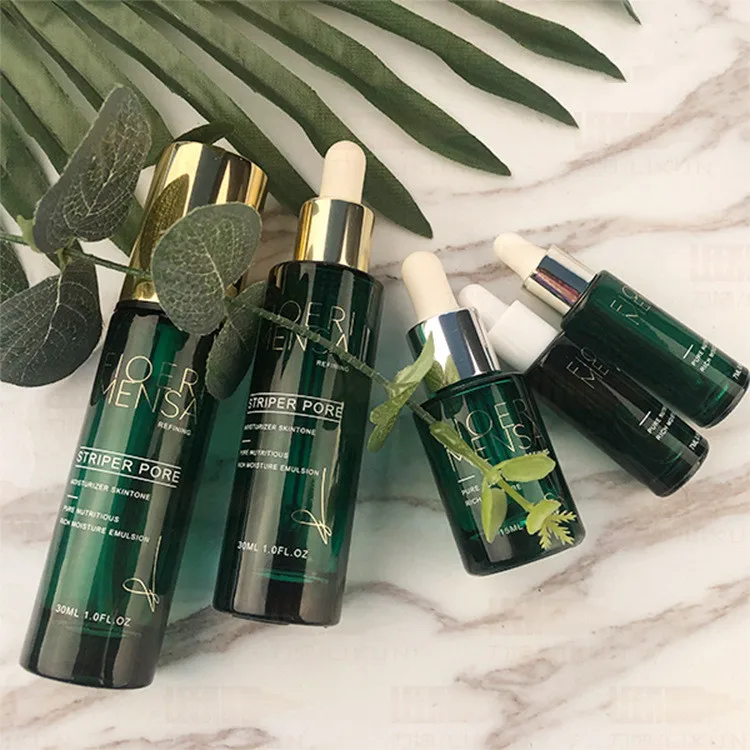 Оптовая продажа, высококачественные роскошные косметические бутылки и банки из зеленого стекла с серебряными крышками по хорошей цене