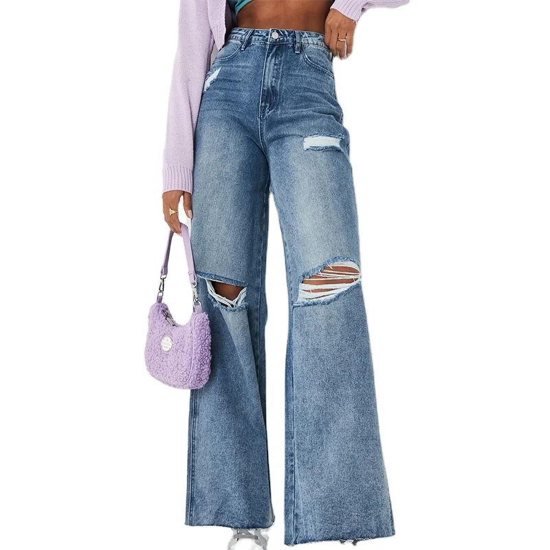 2022 Casual High Waist Classic Trousers Wide Leg Loose  Ripped Pant Denim Women Jeans knee rip baggy boyfriend jeans