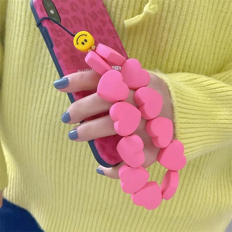 Wholesale European and American Big Pink Heart Phone Chain Phone Strap Armband INS Colorful Yellow Smile Phone Charm