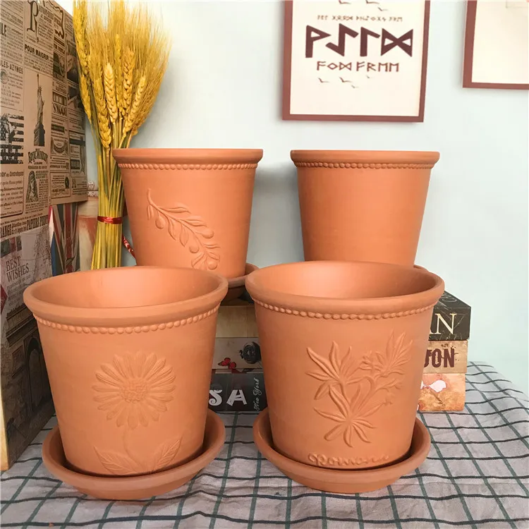 Home Balcony 7 inch Terracotta Orchid Pot with Embossed Pattern