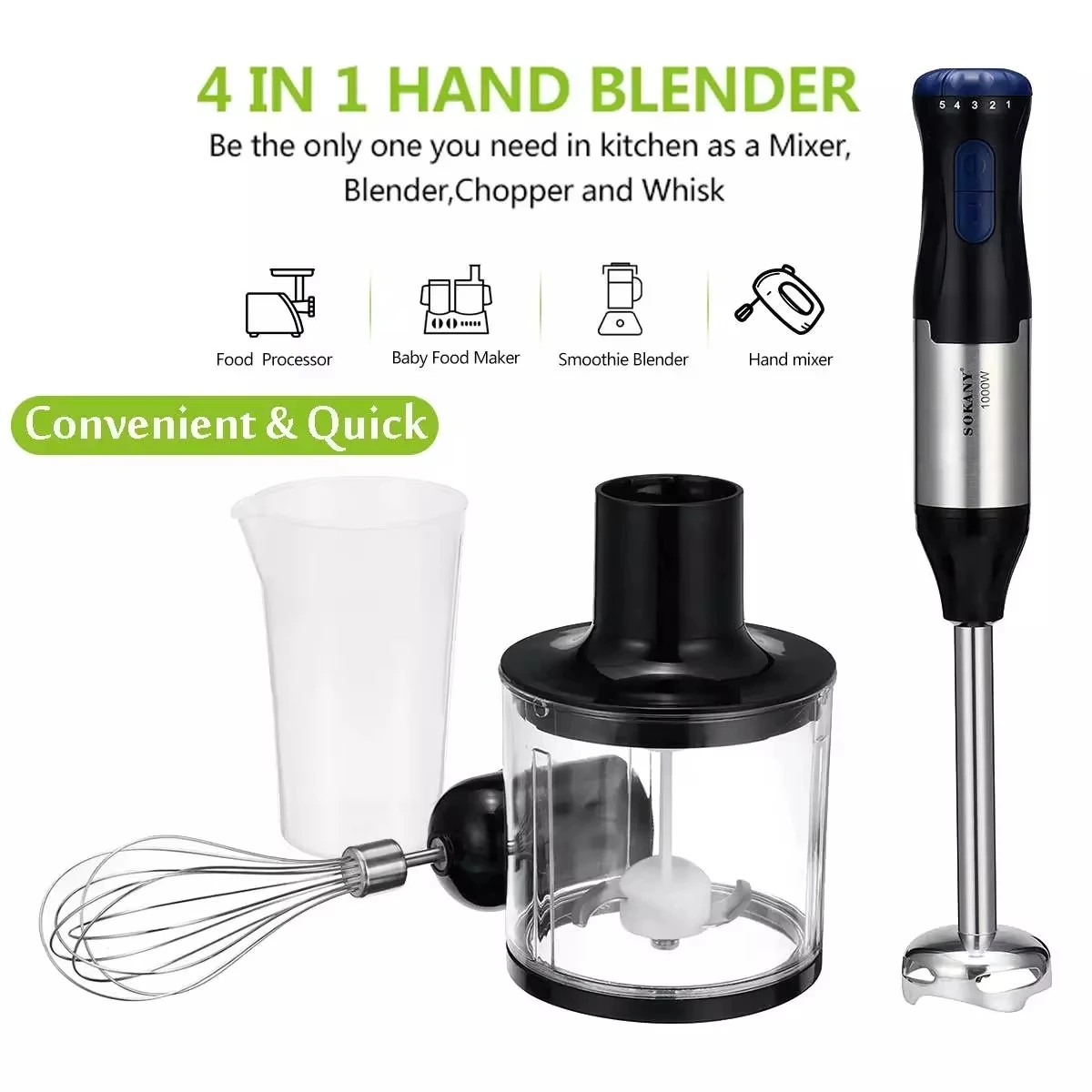 Portable 4 In 1 Electric Handheld Immersion Blender 1000W Hand Blender Turbo Mode Stick With Whisk  Milk Frother Food Processor