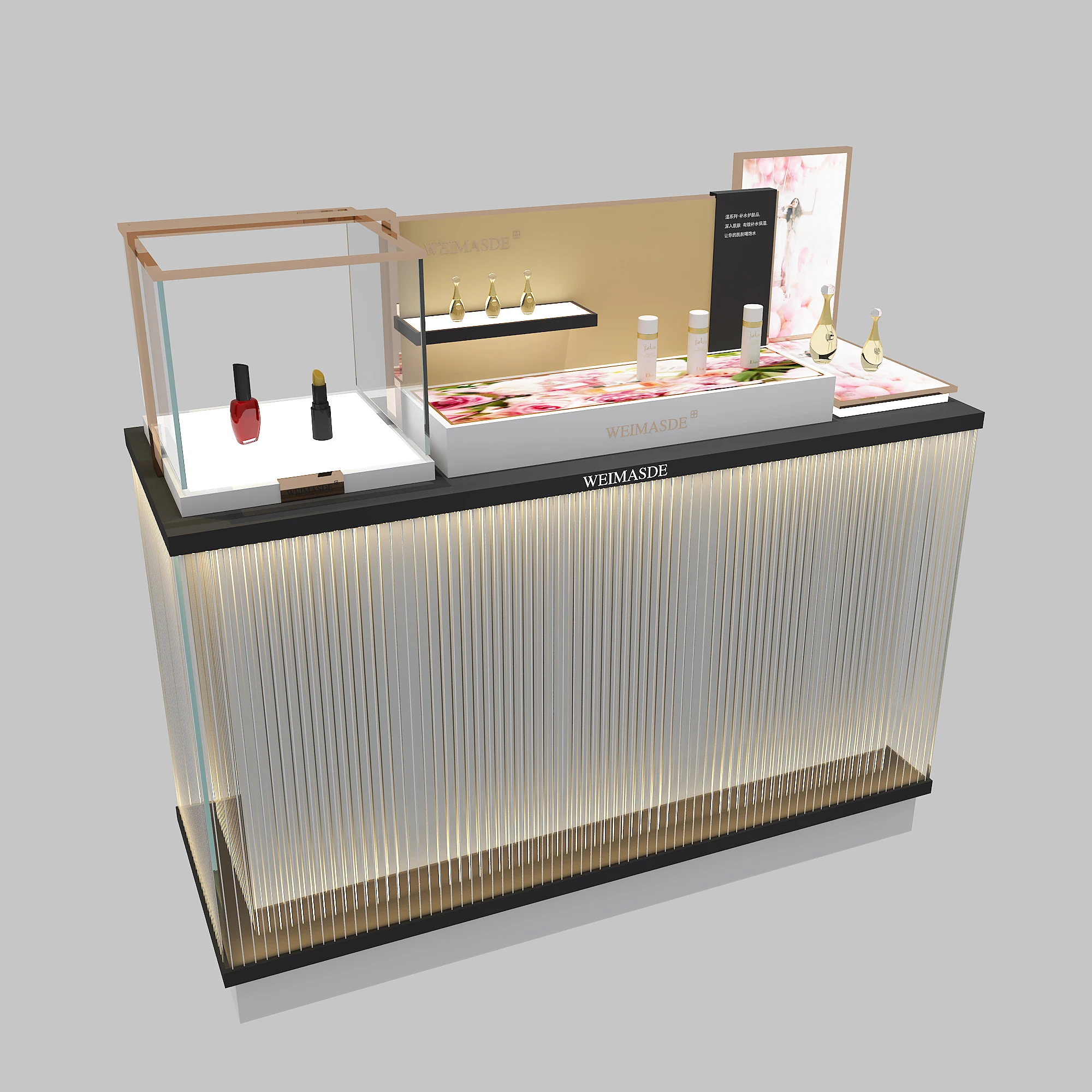 Makeup counter with glass display with light, skin care products and lipstick display
