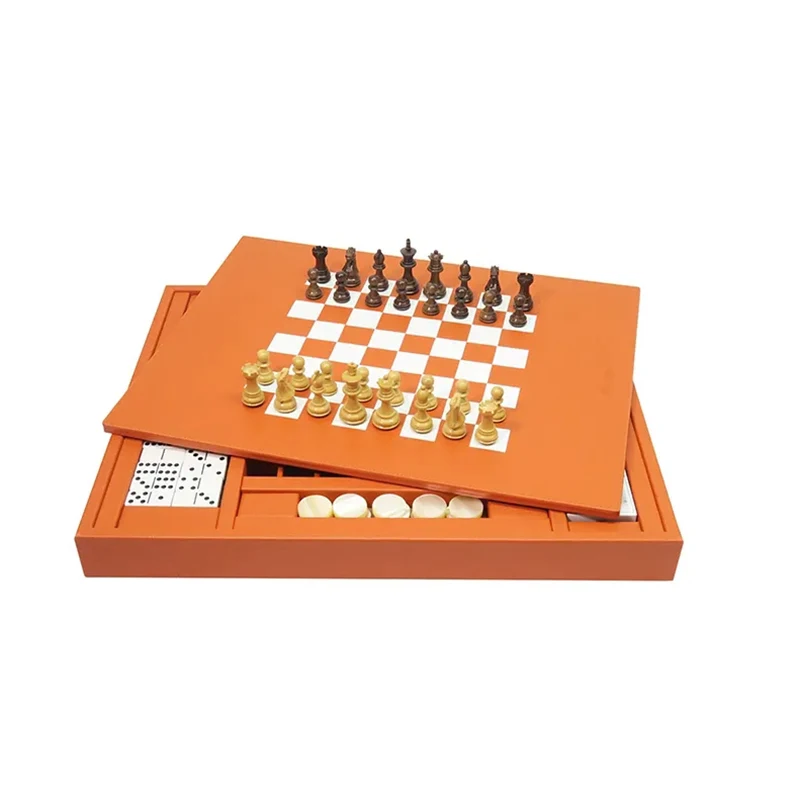 Classic 3-in-1 Muti Game Set Chess Cards Checkers Leather Chess Board silicone pieces Set Traditional Games Toy For Men Adult