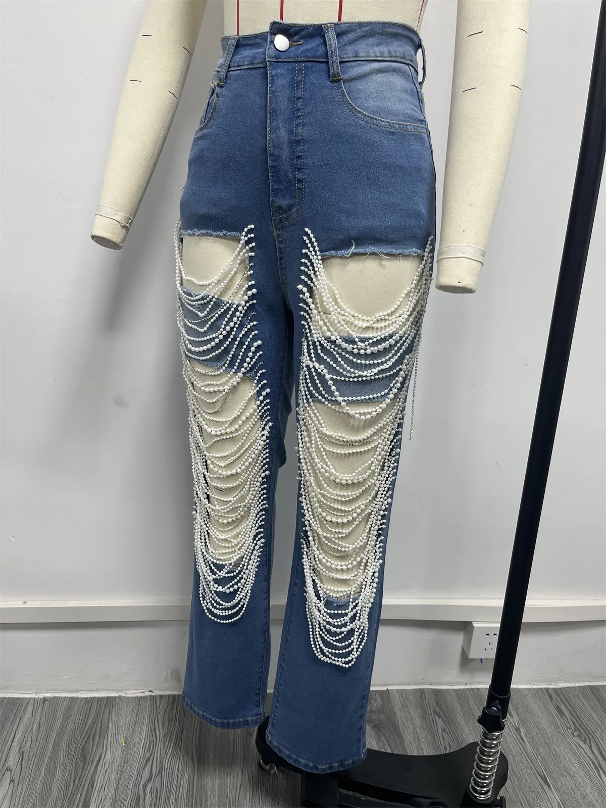GX4002 Fashion Street Wear Women Hollow Out pearl Jeans Pants Denim Trousers