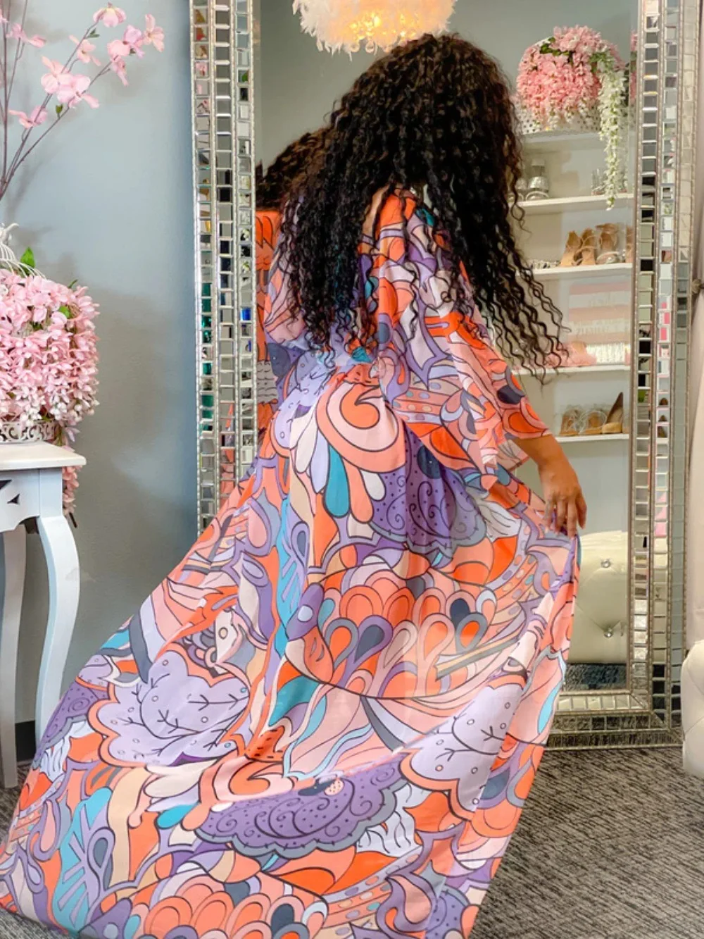 H2711 Woman Long Floral chiffon Fabric Blue Casual Beachwear Summer Orange Lace Kimono Sexy Maxi Dress