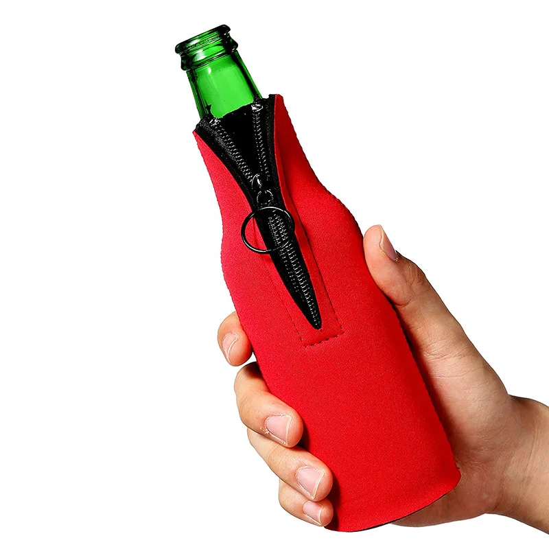 Promotional Neoprene Single Beer Bottle Holder/ Insulated Beer Bottle Cooler with Zipper Holder
