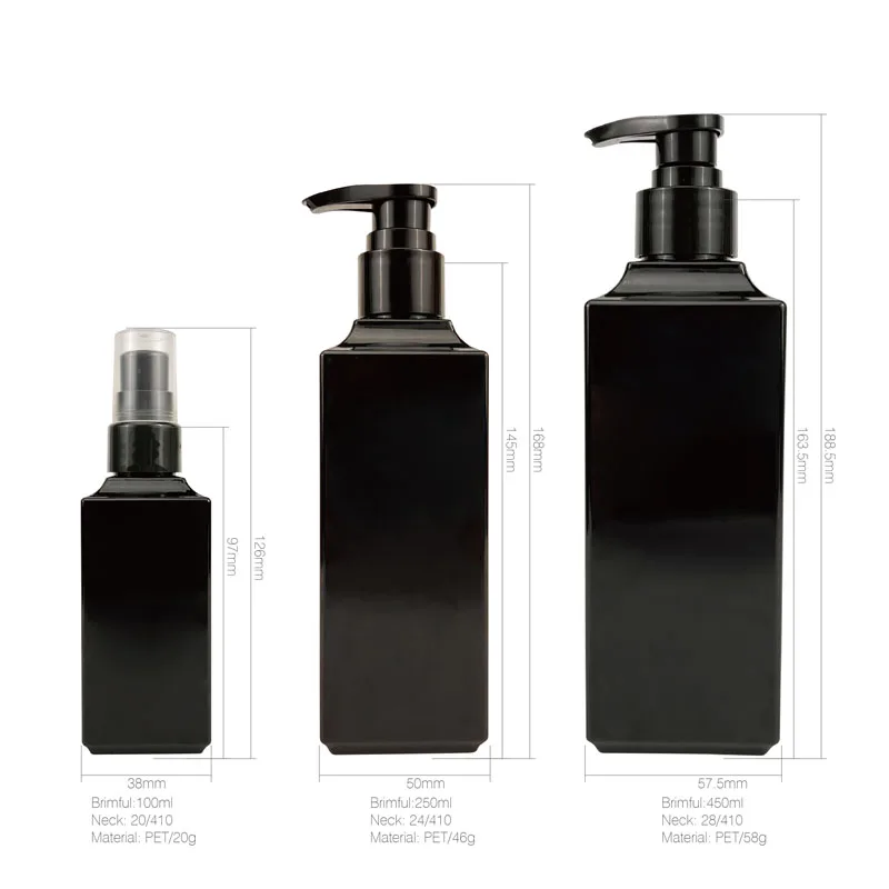 Manufacturer Empty 100Ml 250Ml 450Ml PET Square Rectangle Shampoo Spray Pump Lotion Bottle Luxury Cosmetic Plastic Bottle
