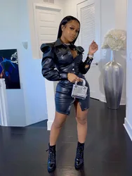 3312 New style comfortable puff sleeve fashion PU dresses single button leather dress for ladies elegant club wear short dress