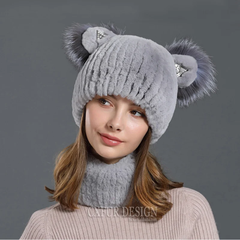 CX-C-97C Lady Boutique Outfit Hand Knitted Rex Rabbit Fur Women Winter Beanie Hat and Scarf Set
