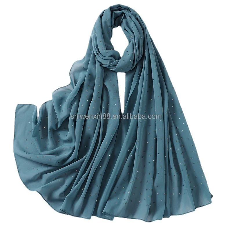 Factory Direct Sale Glitter Muslim Hijab Scarf Women Rhinestone Summer Solid Color Soft Wrinkle Shiny Satin Long Hijab Shawl