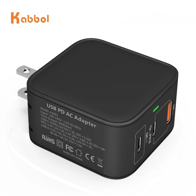GaN Charger OEM 3 Port PD GaN 61W Wall/Travel Adapter PPS QC30 QC40 GaN Technology PD Port with US/EU/PSE/KC Plug for Laptops