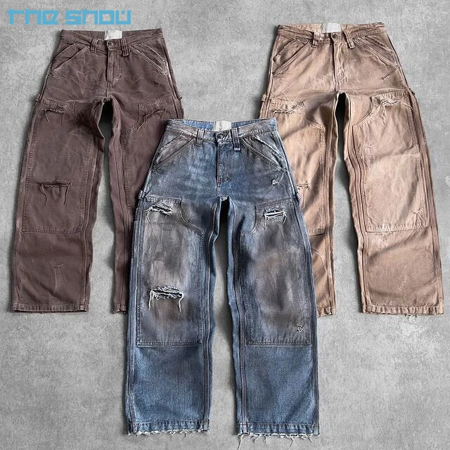 Vintage Pants Custom Heavy 14 oz Denim Carpenter Baggy Jeans Men Blank Streetwear Ripped Distressed Dirty Wash Double Knee Pants