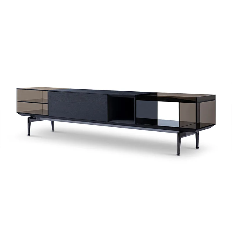 Modern Design Good Quality Living Room Furniture Tempered Glass Black TV Table TV Cabinet Stands Shelf Set With Drawers
