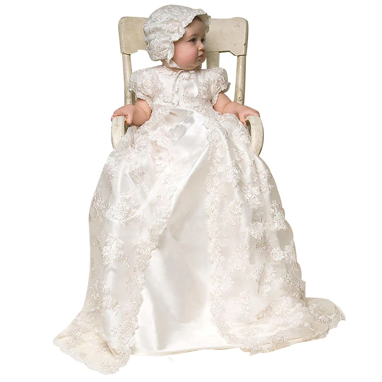 Short Sleeves Lace Long Length 3pcs Baby Girl Christening Dress 3-24M Girl Baptism Dress Christening Gown Christening Outfit