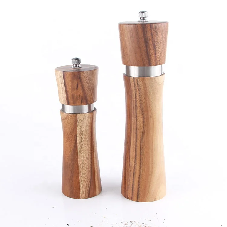manual acacia wood salt and pepper mill set with ceramic grinder, 2 pieces mini wooden salt and pepper grinder set