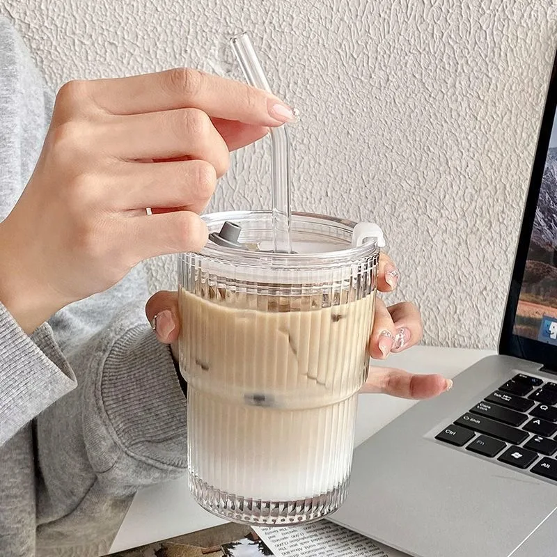 400ML  Clear Drinking Tumbler  Reusable Travel Coffee Glass Mug Cup Children Milk Cup With Straw And Lid