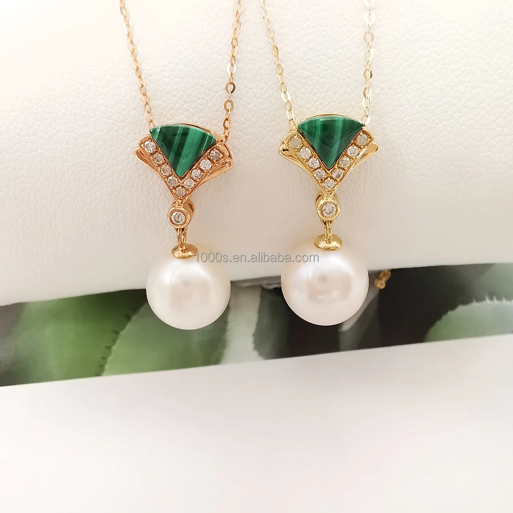 Fresh Pearl Pendant Real Gold Necklace 18K Solid Rose Gold Jewelry Natural Diamond Malachite Necklace