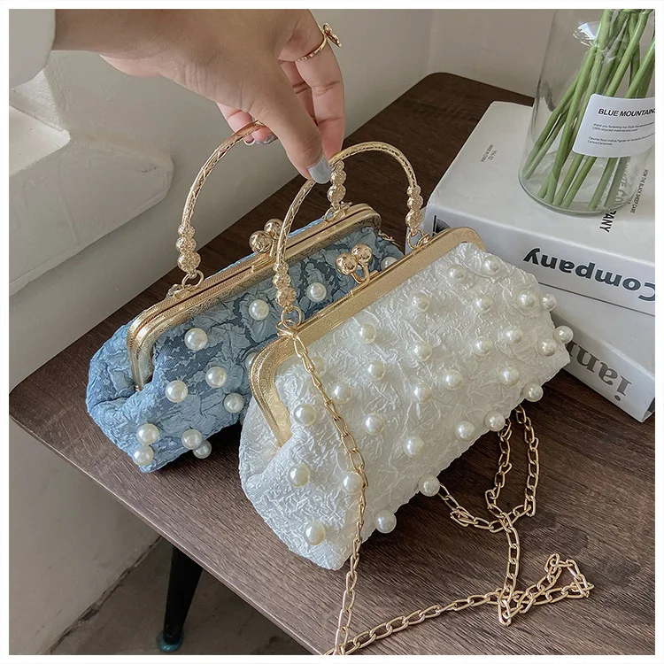 Vintage Women Shoulder bags Kiss Lock Shell Crossbody Bags fow Female Crossbody Bags with Pearl Pu Leather Handbags Phone Purse