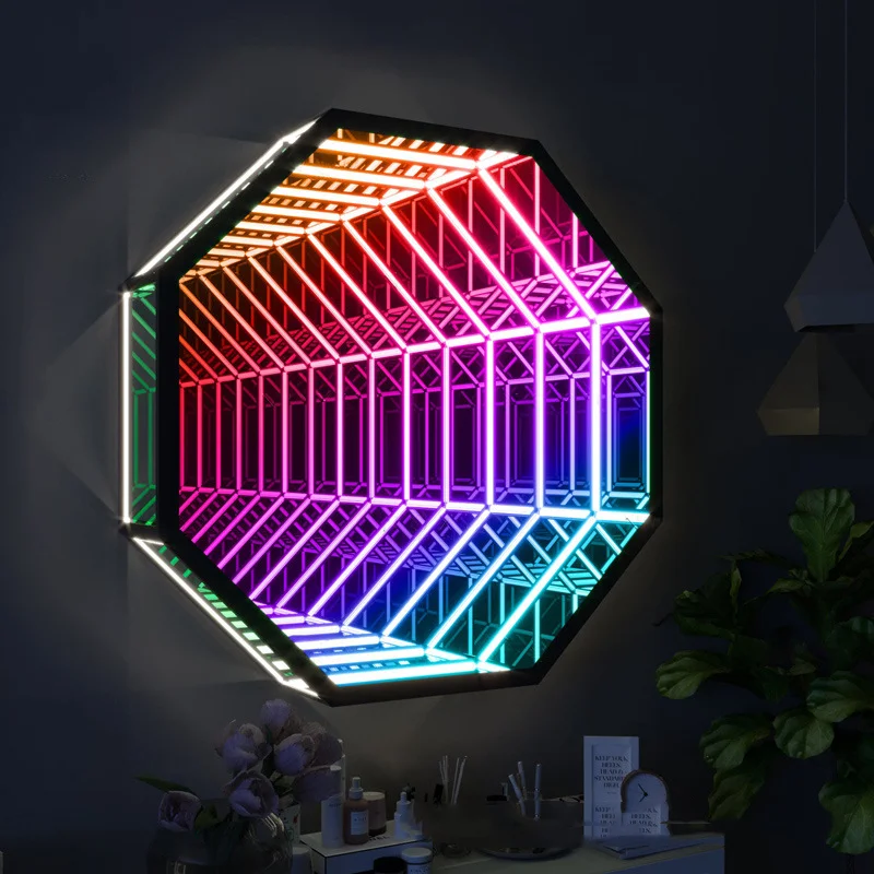 Modern Style Nordic Luxury Octagon RGB 3D Mirror Light Remote Control LED Atmosphere Magical Mirror Wall Lamp