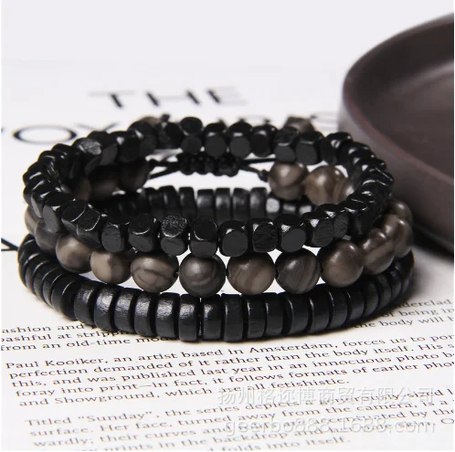BLACK LAVA ROCK ONYX & COCONUT BRACELET SET