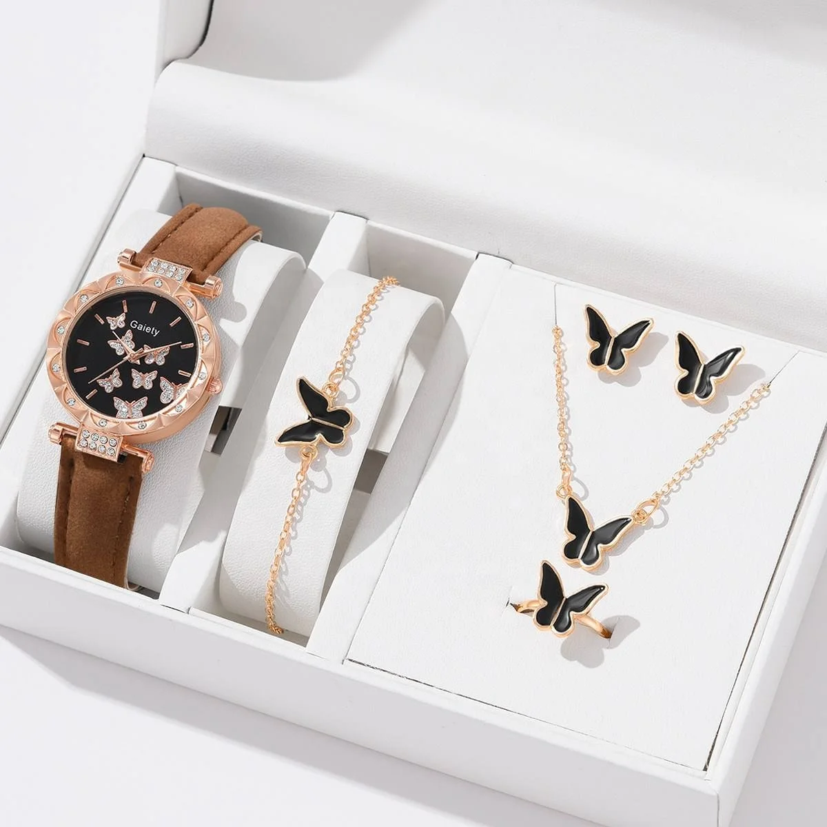 6pcs Luxury Watch Women Ring Necklace Earrings Bracelet Set Watches Butterfly Leather Strap Ladies Quartz WristWatch