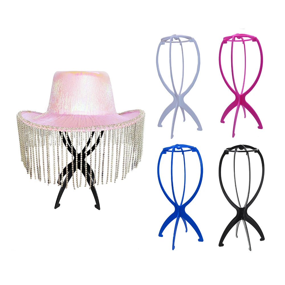 Wholesale Colorful Portable Travel Hat Head Wig Stand Holder Tripod Tool Foldable Plastic Wig Display Stand