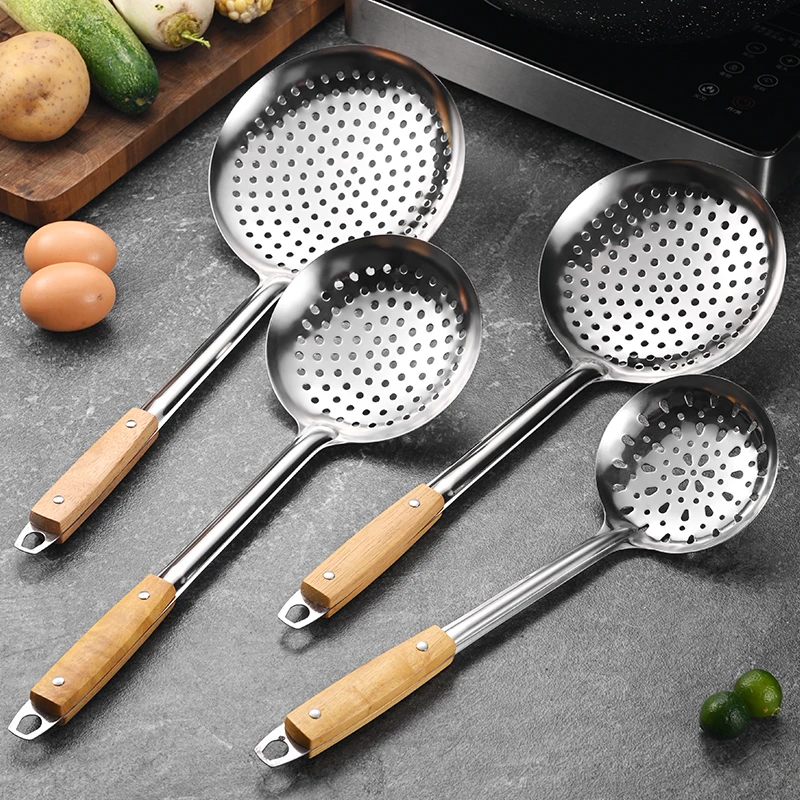 Wood handle Large Colander Stainless Steel Cooking Spoon  Hot Pot Net Sieve  Drain Skimmer Long Handle large Colander