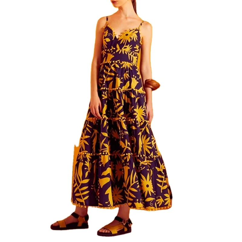Fashion Maxi Dress Women Digital Printed V-neck Cut and Sew Braces Skirt Elegant Summer Dress For Girls