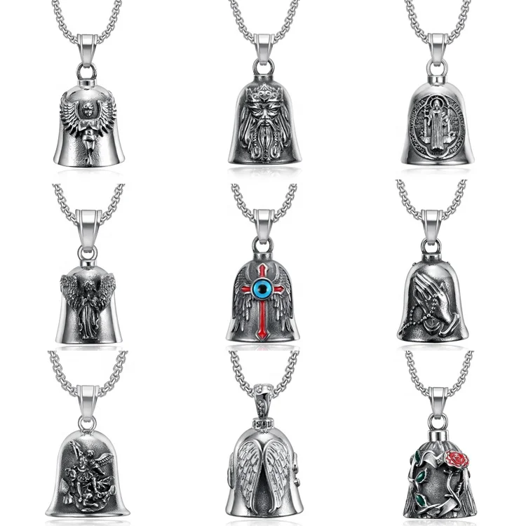 7FLOWER Punk Jewelry Religious Accessories Chunky Stainless Steel Necklace Vintage Lucky Bells Virgin Mary Necklace to My Son
