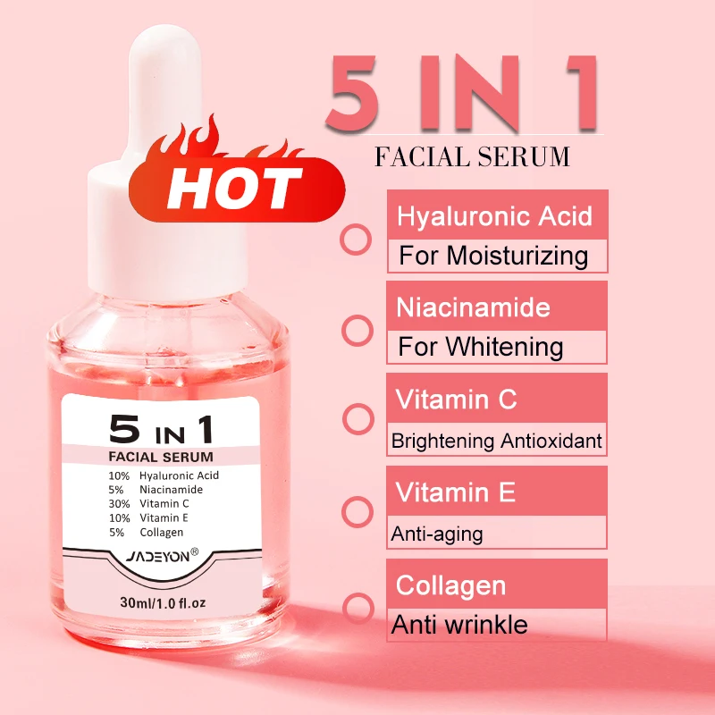 Hot New 5-in-1 Hyaluronic Acid Serum Anti-Aging Hydrating Face Skin Care with Niacinamide Vitamin E Facial Whitening Vitamin C