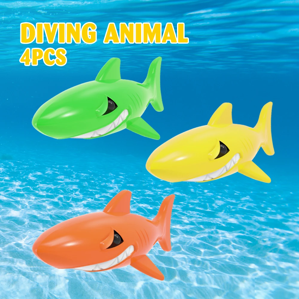 Cartoon Shark Diving Toy 4PCS Interactive Water Play Swimming Game for Kids, Underwater Diving Pool Toys Set