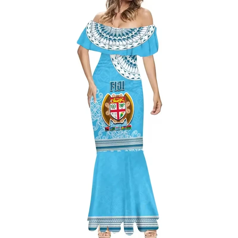 Polynesian Tribe Custom Fiji Mermaid Maxi Dress Melanesian Festival Women Elegant Off Shoulder Tight Sexy Dress