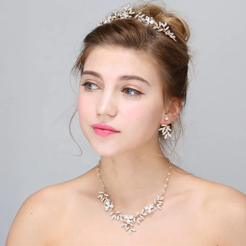 2019 Wholesale Wedding Hair Accessories Crown Handmade Crystal Diamond Necklace Earring Jewelry set For Women