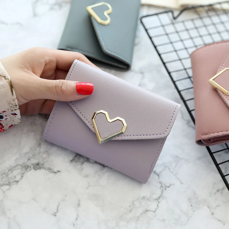 Wholesale 2022 New Vintage Cute Metal Heart PU Leather Short Wallet Girl Student Wallet