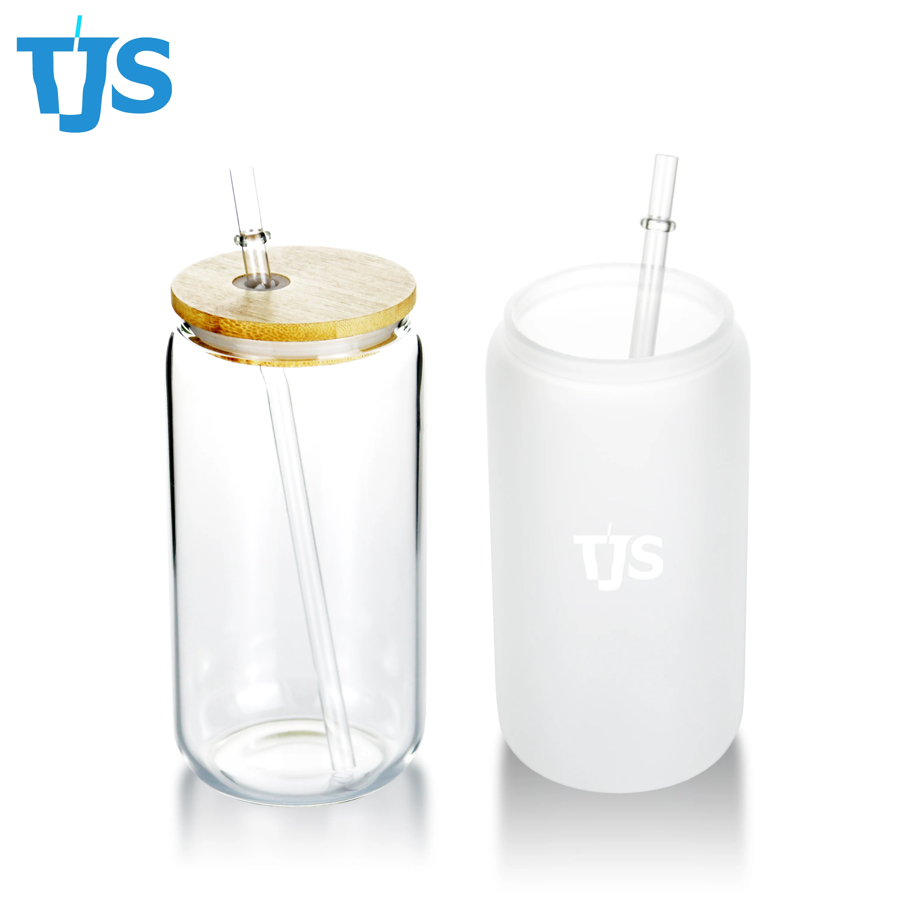 TJS 12oz 16oz Sublimation Glass Beer Can Clear Frosted Glass With Bamboo Lid and Straw Straight Soda Can