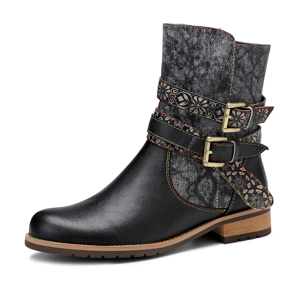 
fashion round toe Gothic Gypsy style Laser carving buckle belts ladies short ankle boots for women 