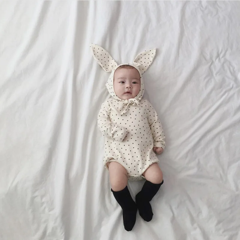  Easter Baby Rabbit Ear Dots Rompers Caps Boys Girls Long Sleeves Bunny