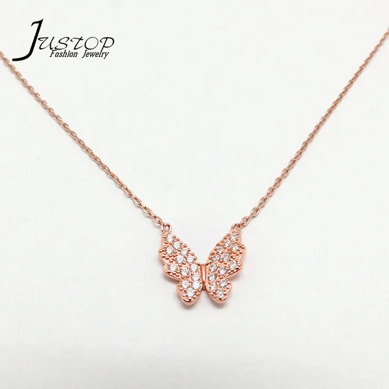 French design vogue charms Real 925 sterling silver jewelry pink gold pendant chain butterfly necklaces with zircon
