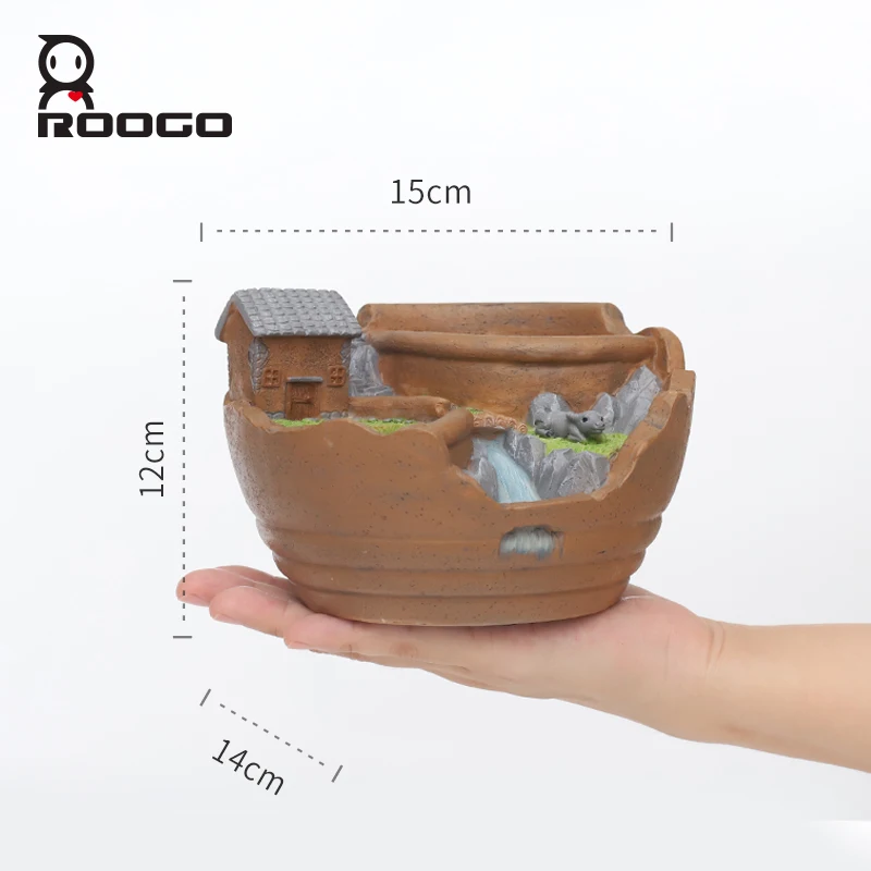 Nature Scenery House Style Succulent Planter Resin Bonsai Wholesale Price Desktop Garden Decoration Pot With Animal