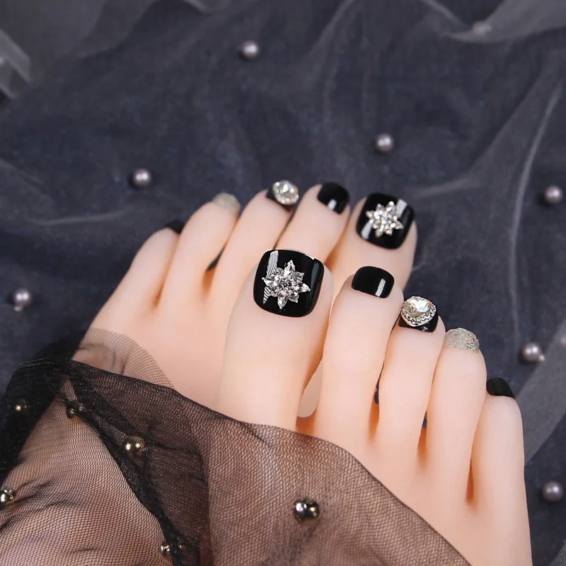 Melason New Black 24 Pieces Short Artificial Full Curved Toe Nail Sticker Tips With 2g Free Ecofriendly Waterproof Nail Glue