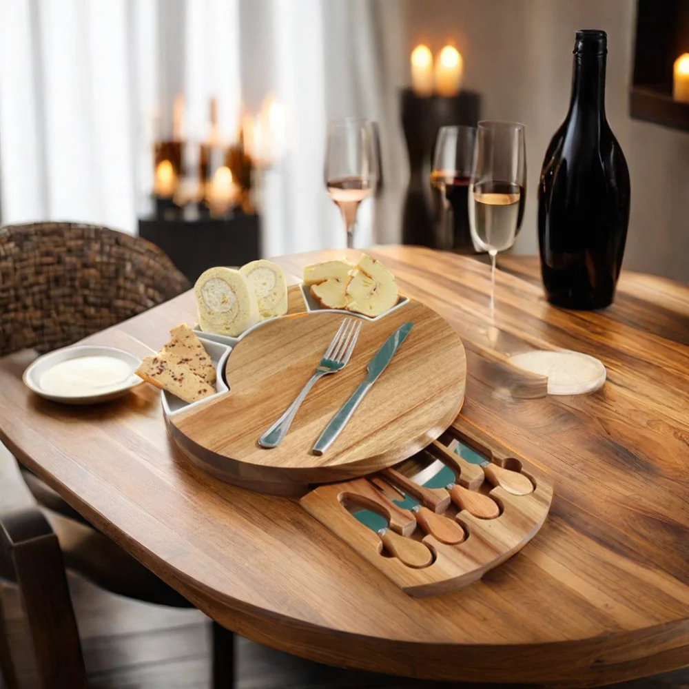 Multi-Functional cheeseboard bamboo cheese chees tables charcuterie board platter set With Hidden Slide Drawers